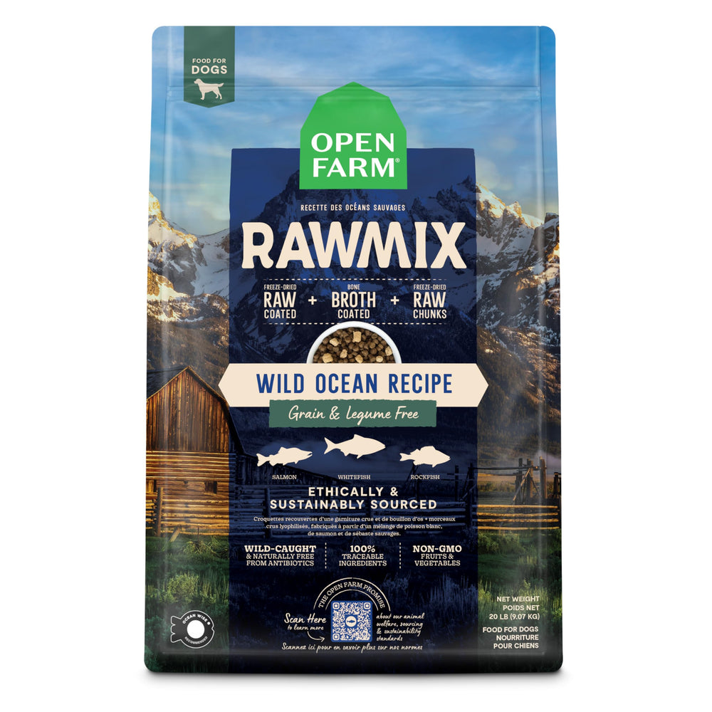 Open Farm RawMix: saco de 20lb para perros, sin granos, fácil de almacenar.