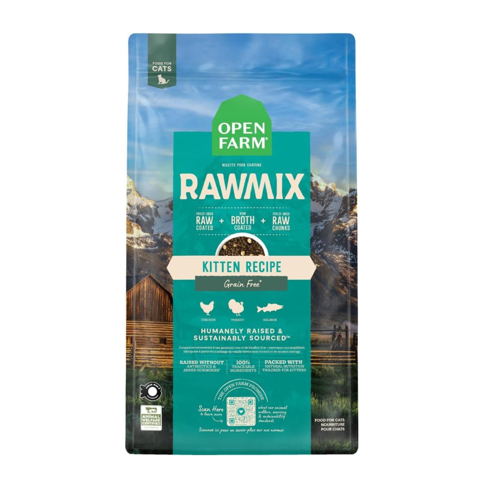 Open Farm RawMix, alimento seco para gatitos en tazón, opción balanceada.