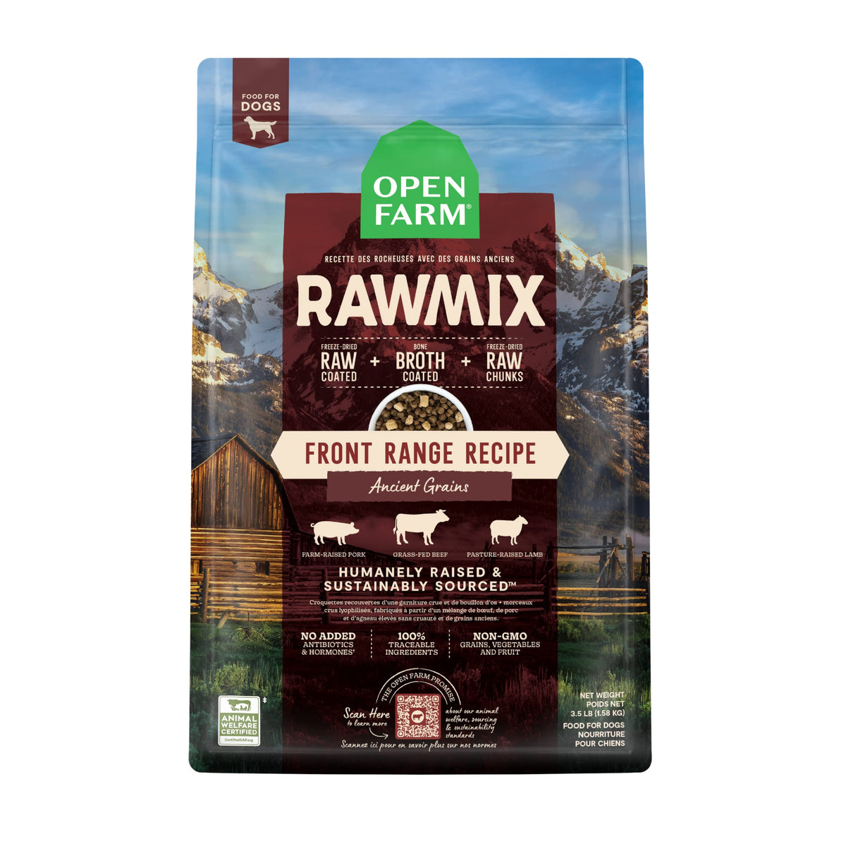 Open Farm RawMix Front Range: bolsa abierta, lista para servir en casa.