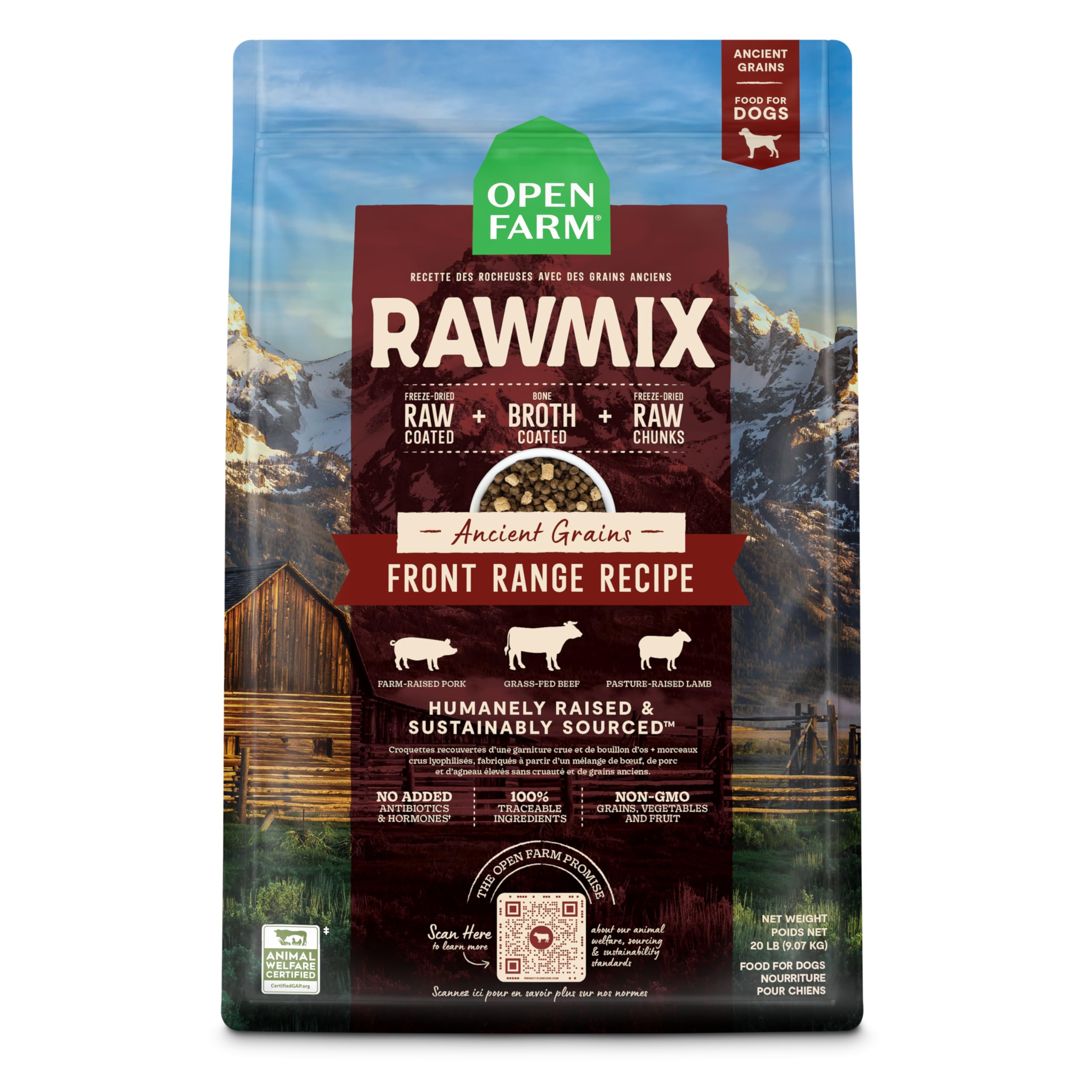 Open Farm RawMix Front Range, bolsa de 20 lb, nutrición para perros activos.