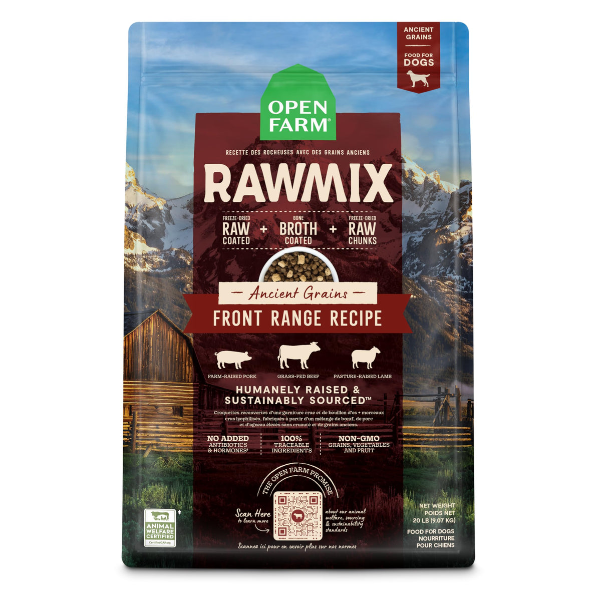Open Farm RawMix Front Range, bolsa de 20 lb, nutrición para perros activos.