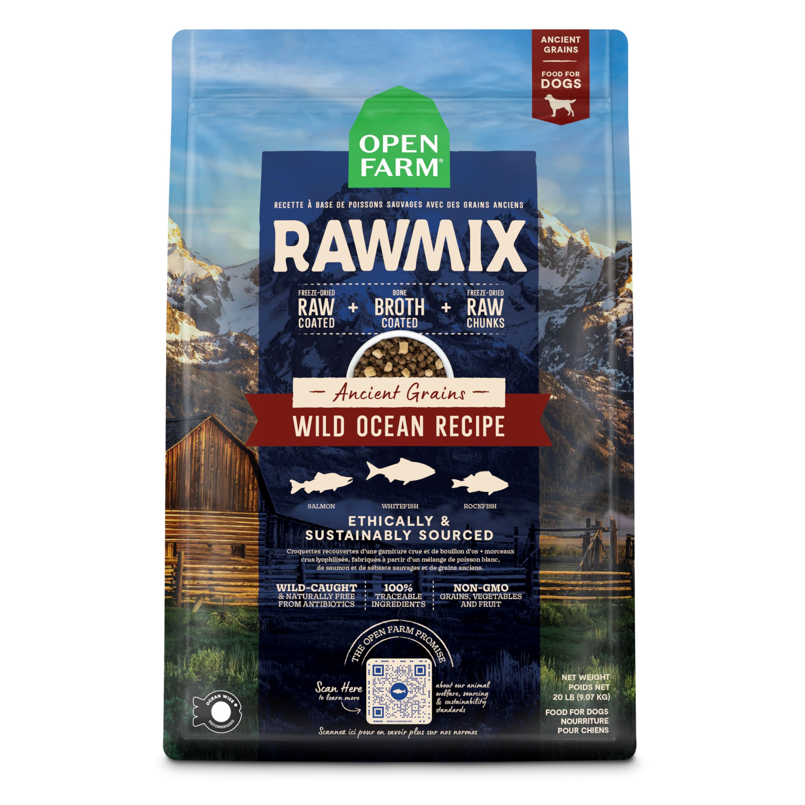 Open Farm RawMix croquetas con granos antiguos para una nutrición equilibrada.
