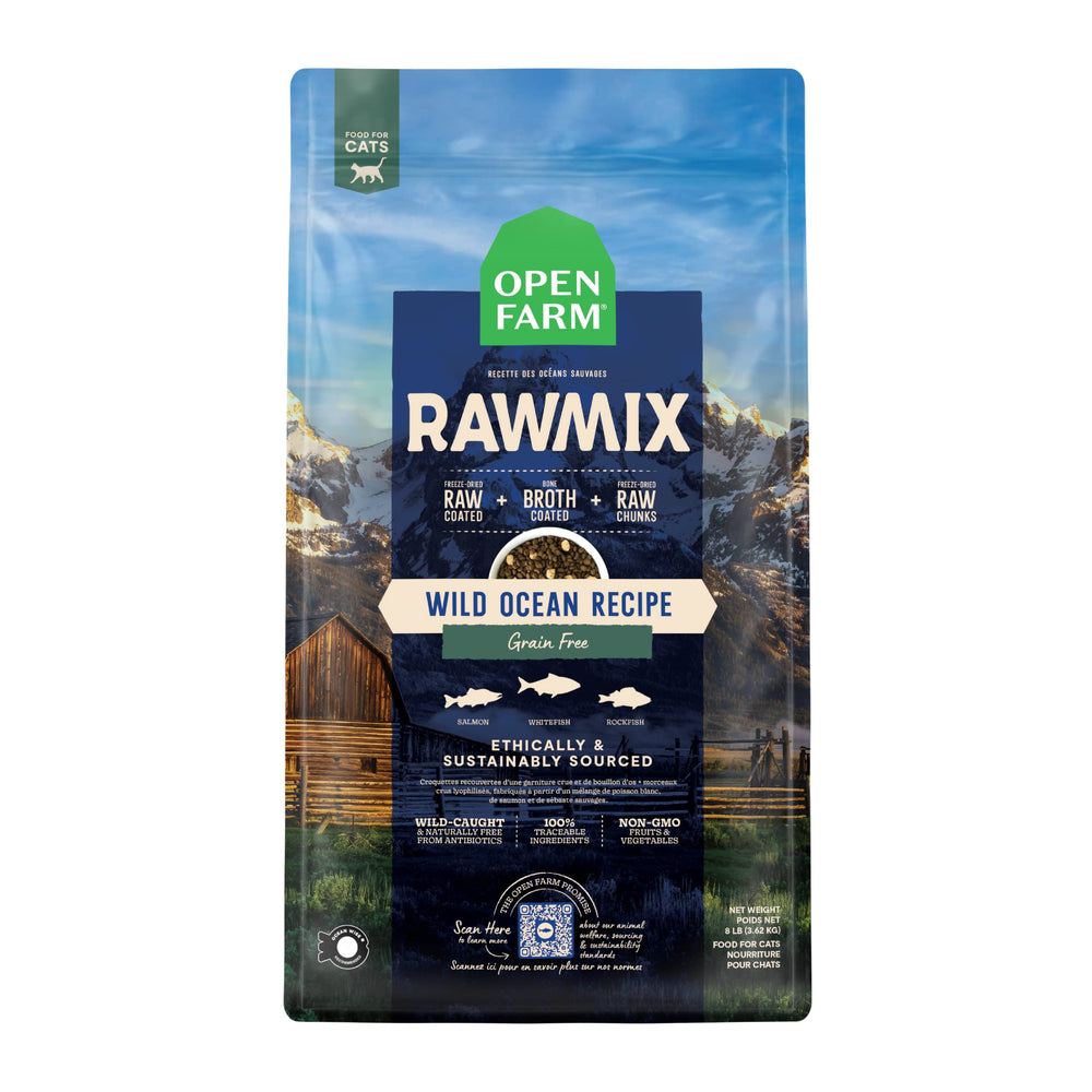 Open Farm RawMix croquetas secas para gatos activos con pescado salvaje.