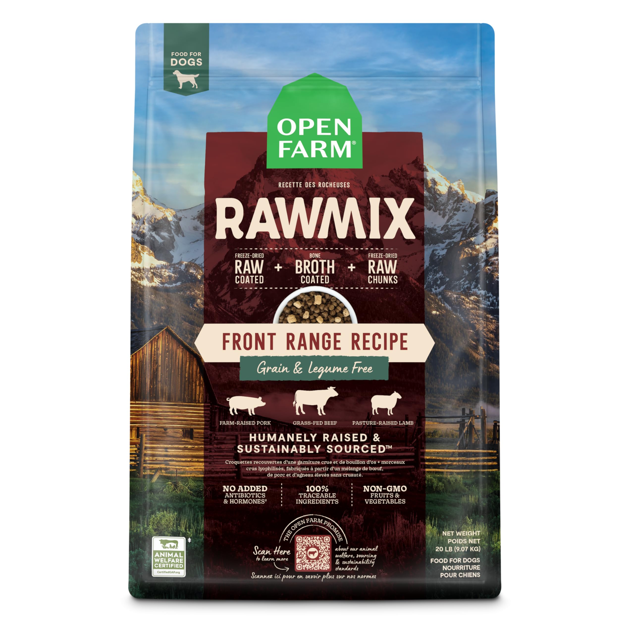 Open Farm RawMix sin granos, bolsa visible, nutrición para energía diaria.
