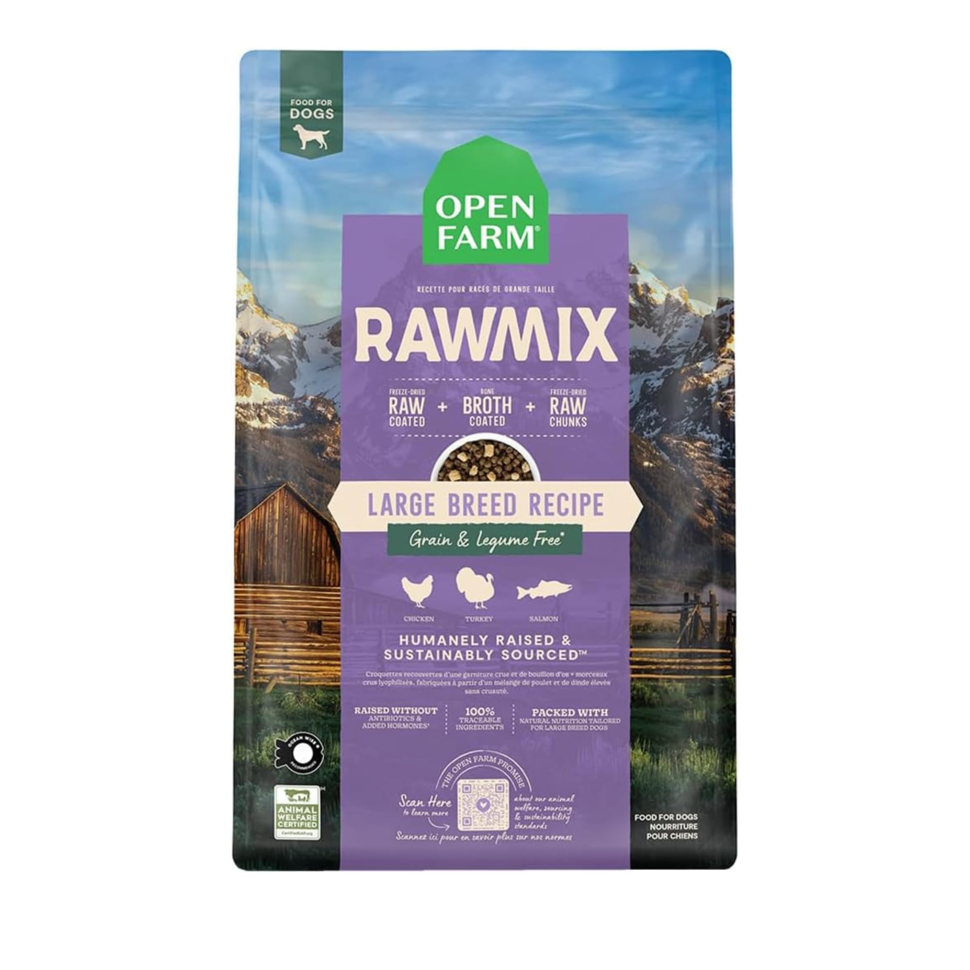 Open Farm RawMix sin granos para perros grandes con caldo de huesos y nutrición natural.