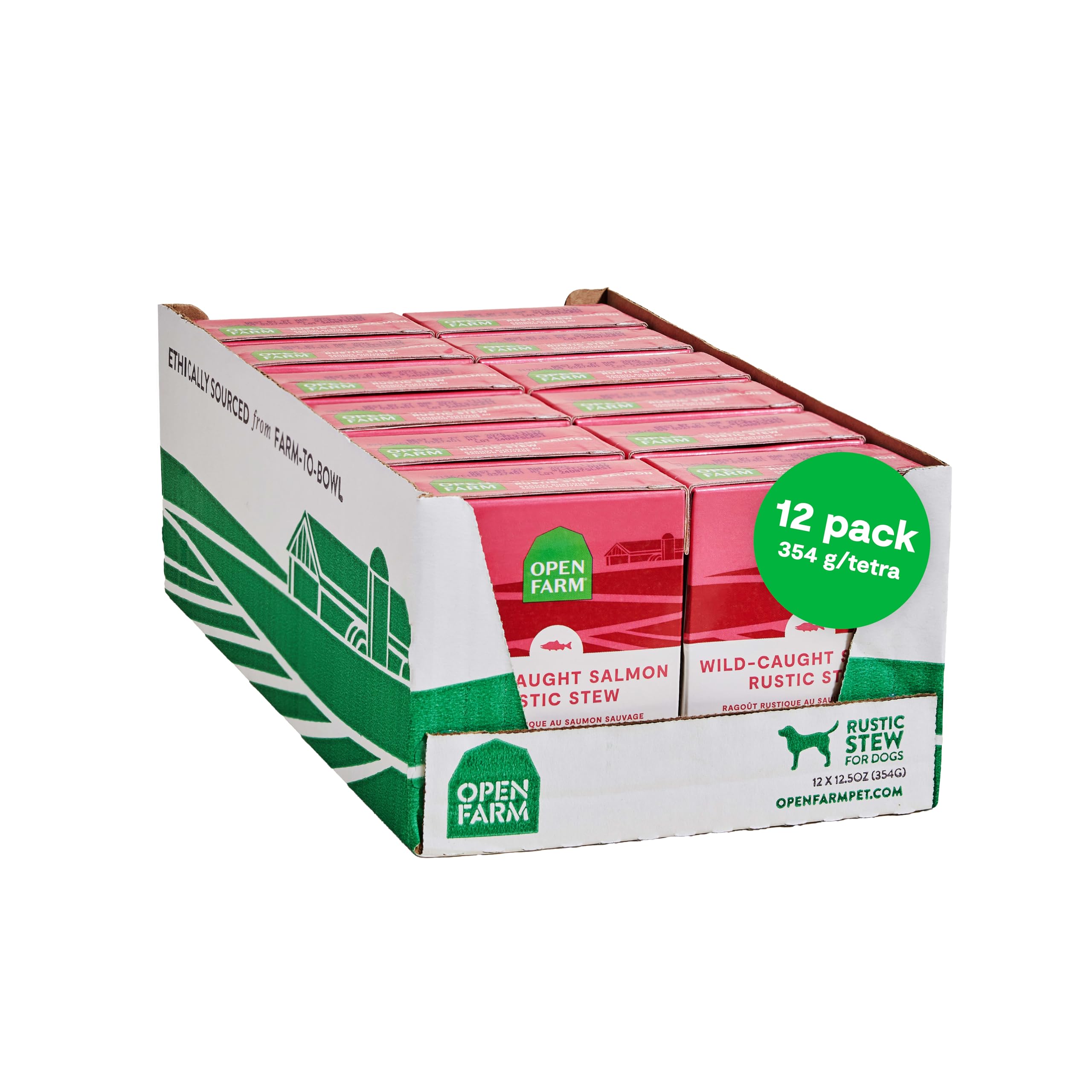 Open Farm Rustic Stews en bol con salmón salvaje, ideal para dieta equilibrada.