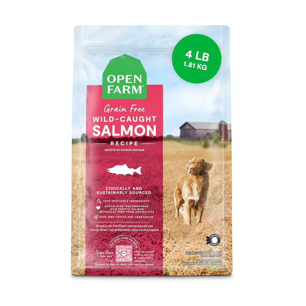 Open Farm Salmón receta: bolsa en primer plano muestra alimento apetitoso y natural para perros.