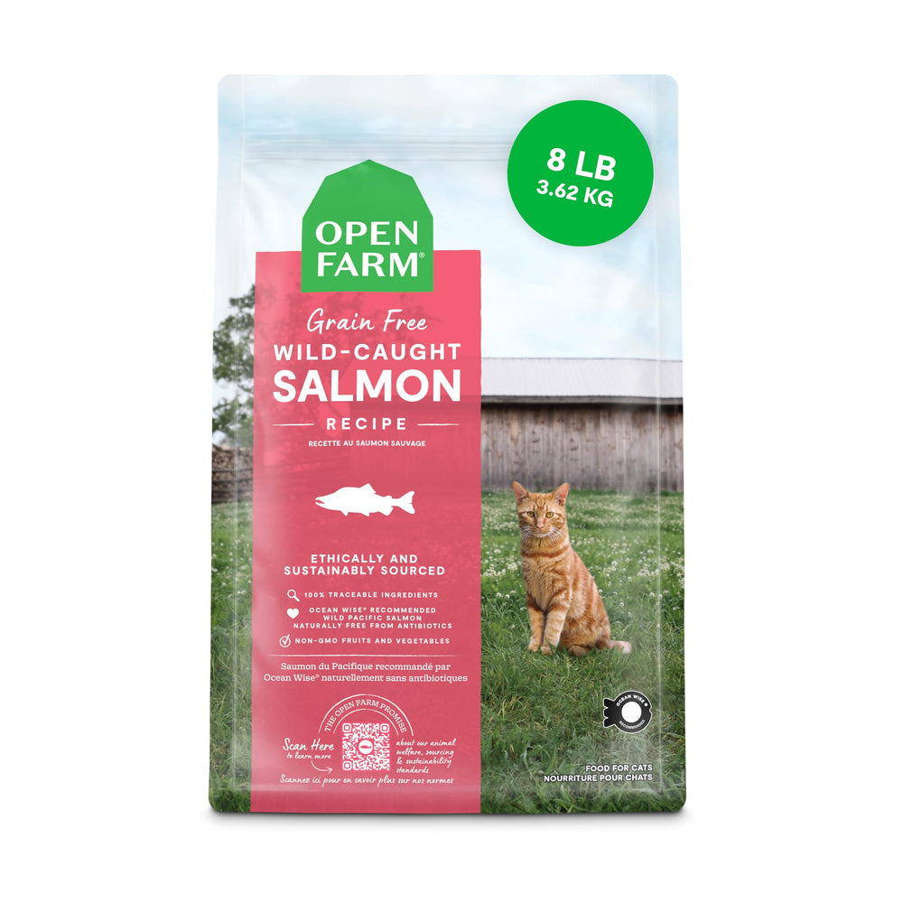 Open Farm salmón salvaje bocado: crocantes y sin granos para gatos activos.