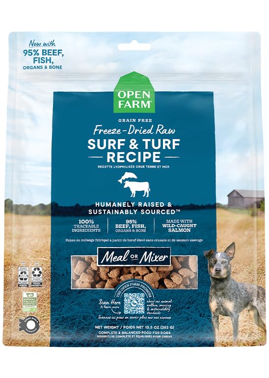 Open Farm Surf & Turf: mordiscos deshidratados para perros activos.