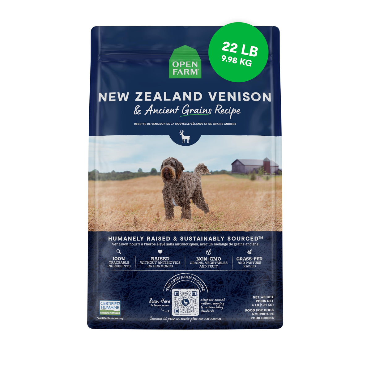 Open Farm venado Nueva Zelanda, bolsa de 22 libras: proteína alta para perros activos.