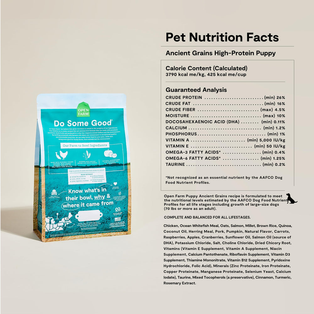 Open Farm croquetas con pollo y salmón para cachorro, proteína de alta calidad.