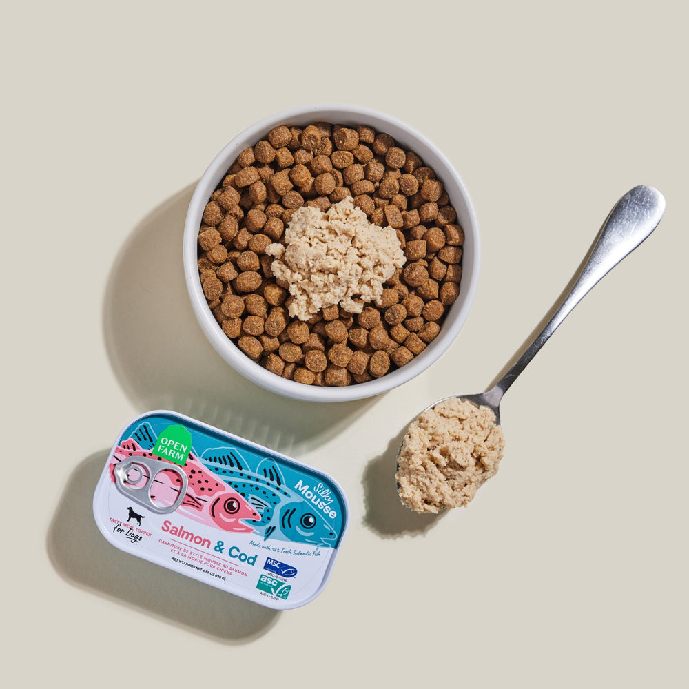 Open Farm mousse-sabor delicioso, perro contento tras su snack diario.