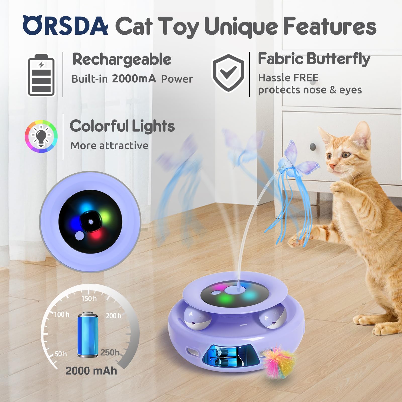 ORSDA gato, mariposa parpadeante, entretenimiento interactivo para horas de juego.