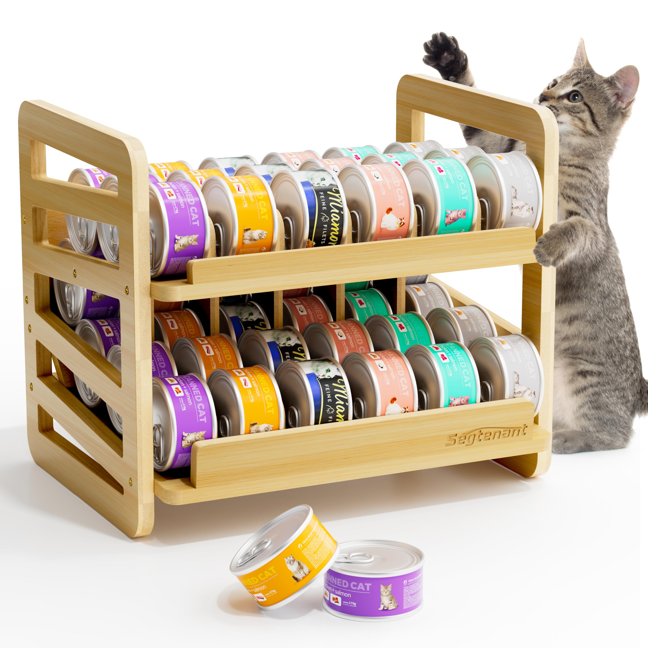 Organizador rodante de latas para gato de bambú, vista superior, facilita acceso rápido.