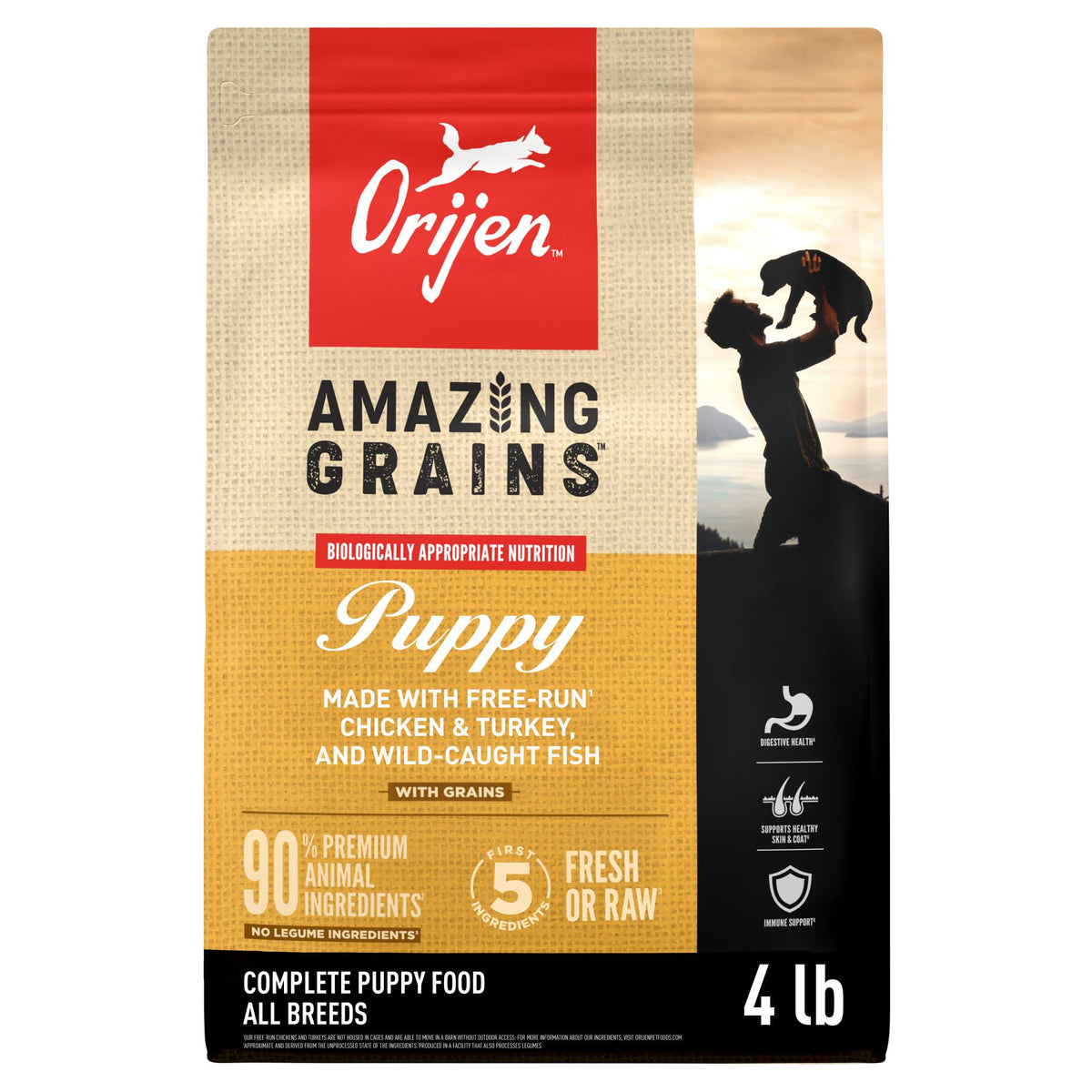 ORIJEN Amazing Grains para cachorro: bolsa frontal, sabor y nutrición para crecimiento saludable.