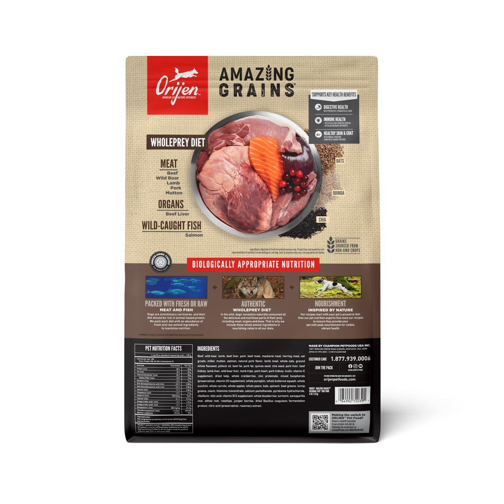 ORIJEN Amazing Grains Regional Red, ingredientes WholePrey con órganos para nutrición natural