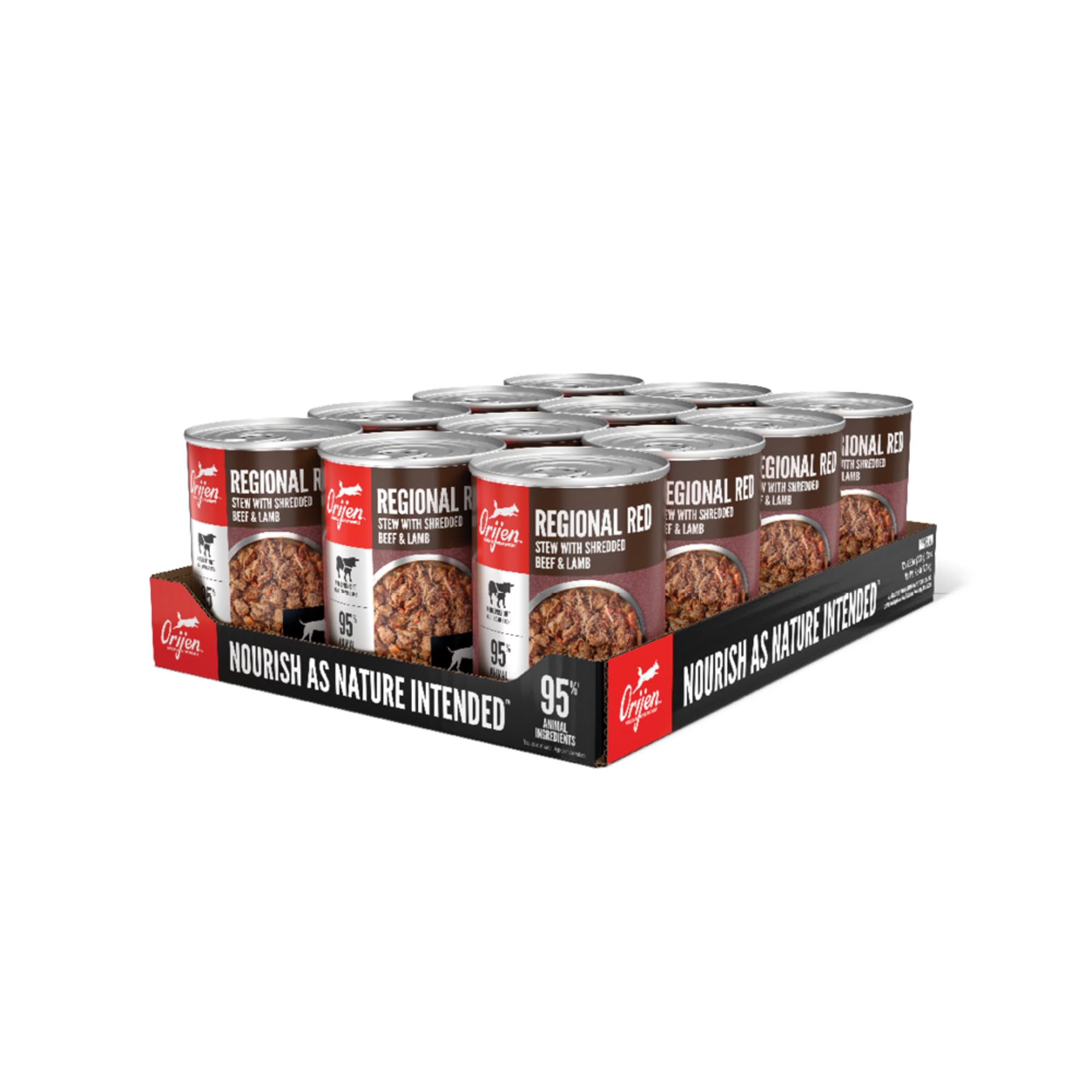 ORIJEN Estofado Regional Rojo, lata abierta, aporta humedad y sabor nutritivo para perros.