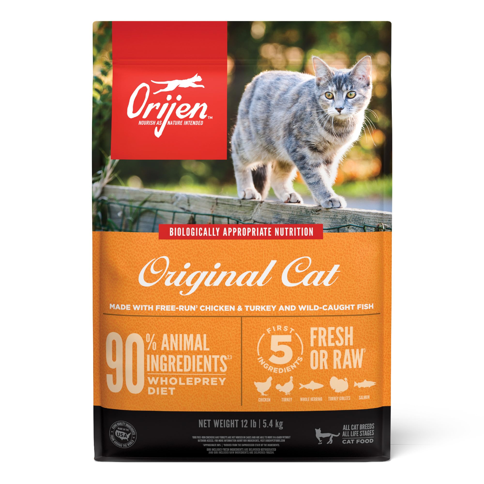 ORIJEN Original para gatos: bolsa de 12 lb, nutrición rica en proteínas de origen animal.