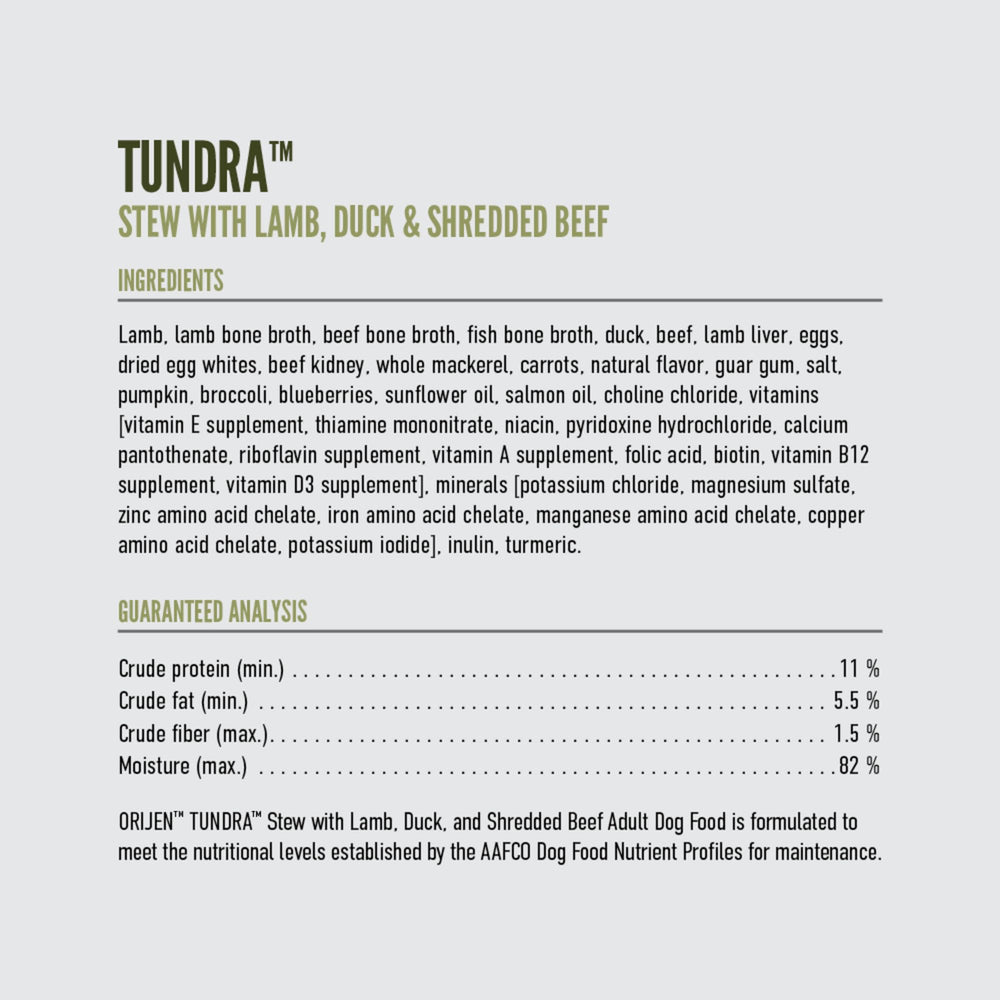 ORIJEN Real Meat Shreds Tundra Stew aporta humedad y sabor natural.