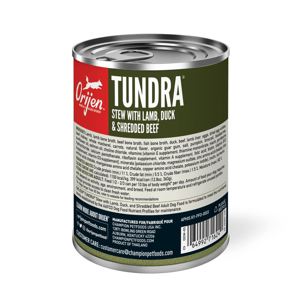 ORIJEN Real Meat Shreds Tundra Stew textura carne, sabor natural atractivo.