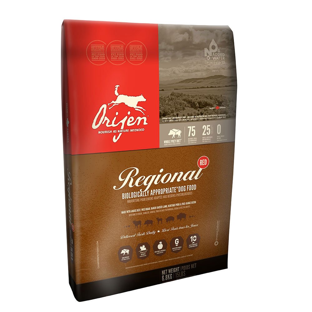 ORIJEN Regional Red 25 lb: bolsa frontal con ingredientes frescos para perros, ricas en proteínas