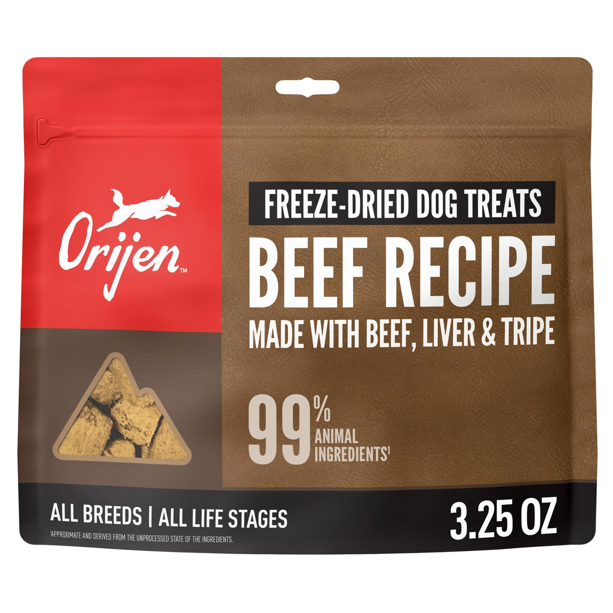 ORIJEN res liofilizado, bolsa 3.25oz, snack alto en proteína para entrenamiento y paseo seguro
