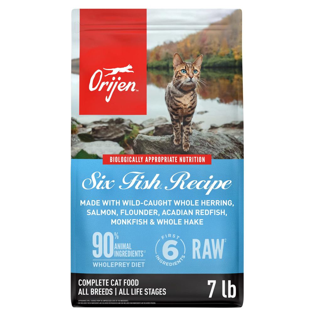 ORIJEN Seis Pescados en bolsa de 7 libras, croquetas sin grano para gatos activos.