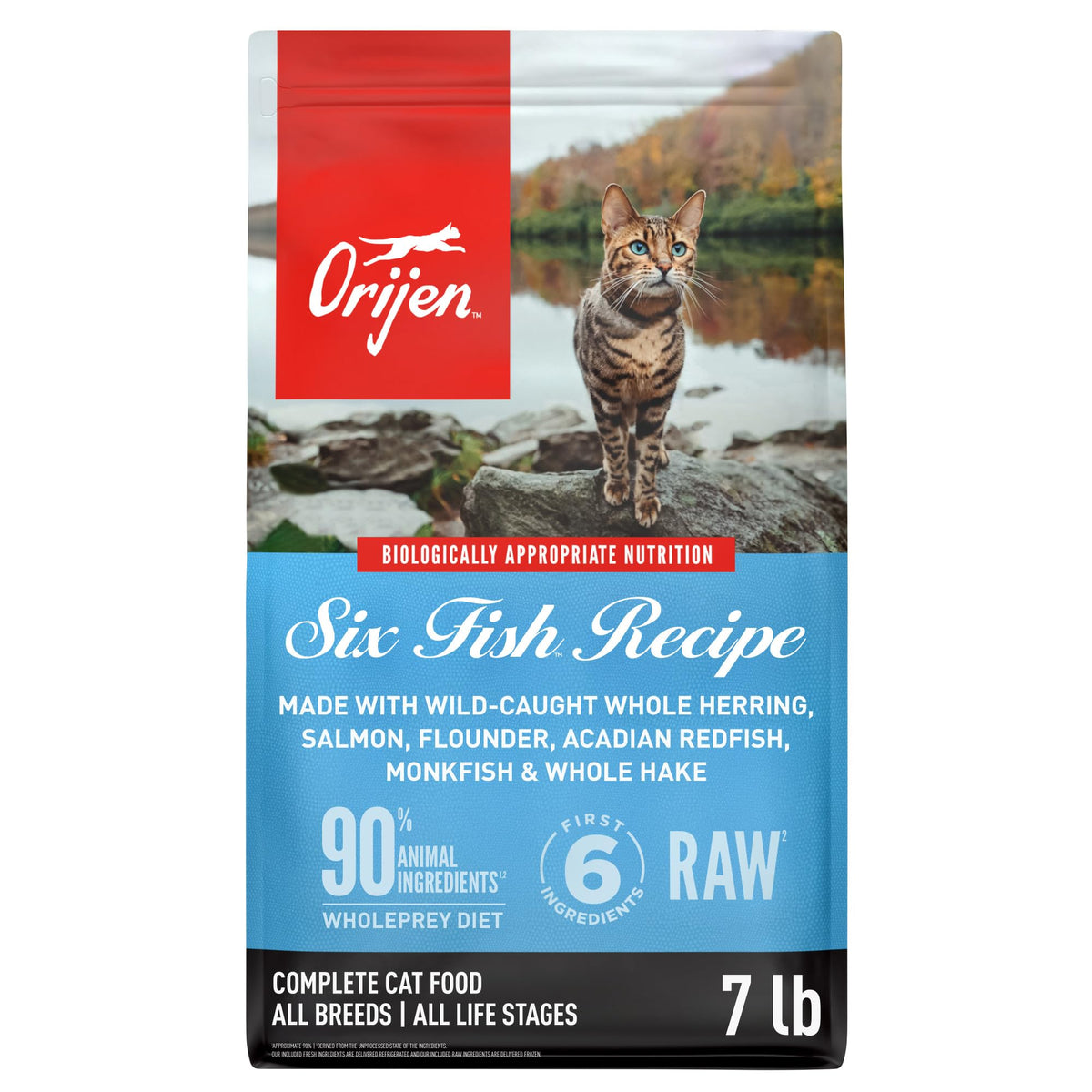 ORIJEN Seis Pescados en bolsa de 7 libras, croquetas sin grano para gatos activos.