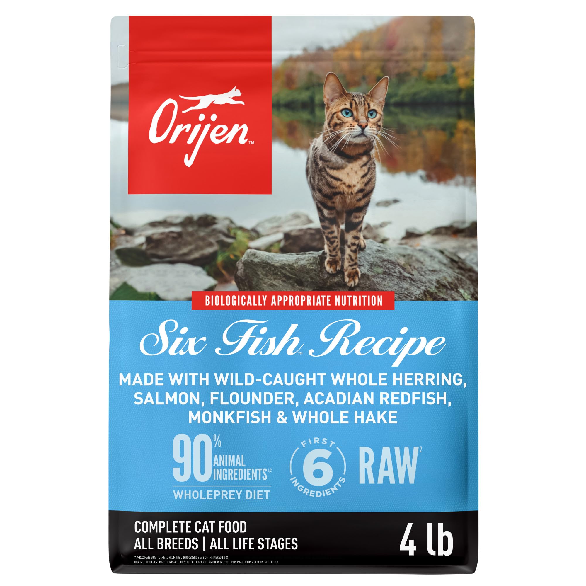 ORIJEN Seis Pescados, bolsa de 4 libras, croquetas nutritivas para gatos activos.