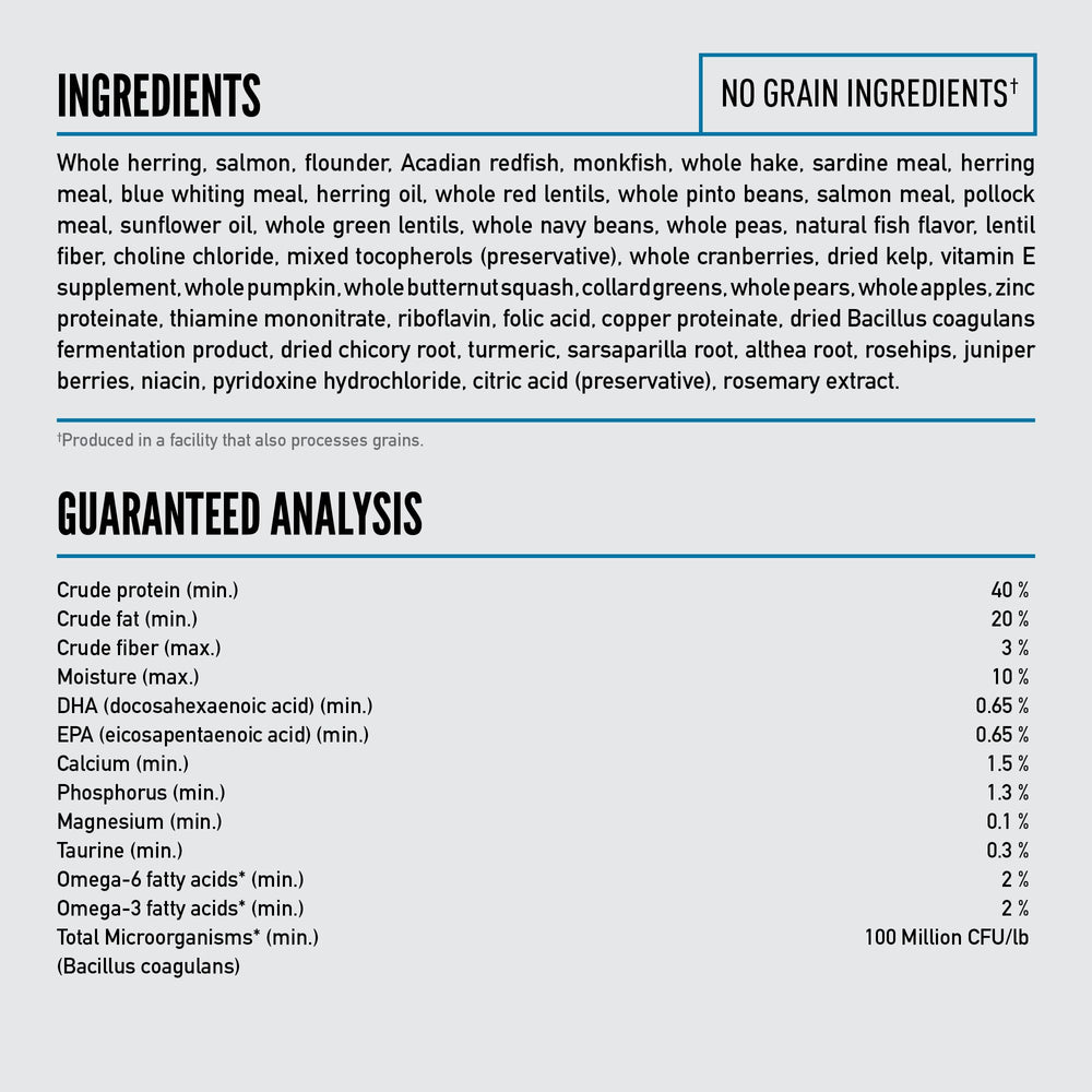 Ingredientes de huesos y órganos en ORIJEN Seis Pescados para nutrición natural.