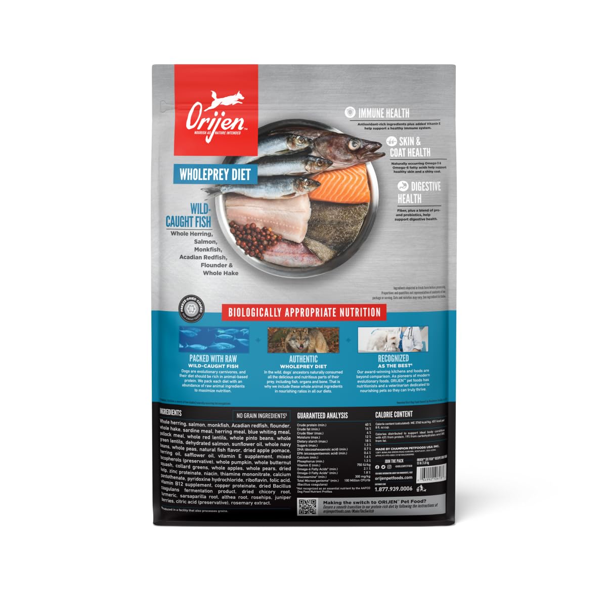 ORIJEN, ingredientes principales frescos de pescados enteros para nutrición óptima.
