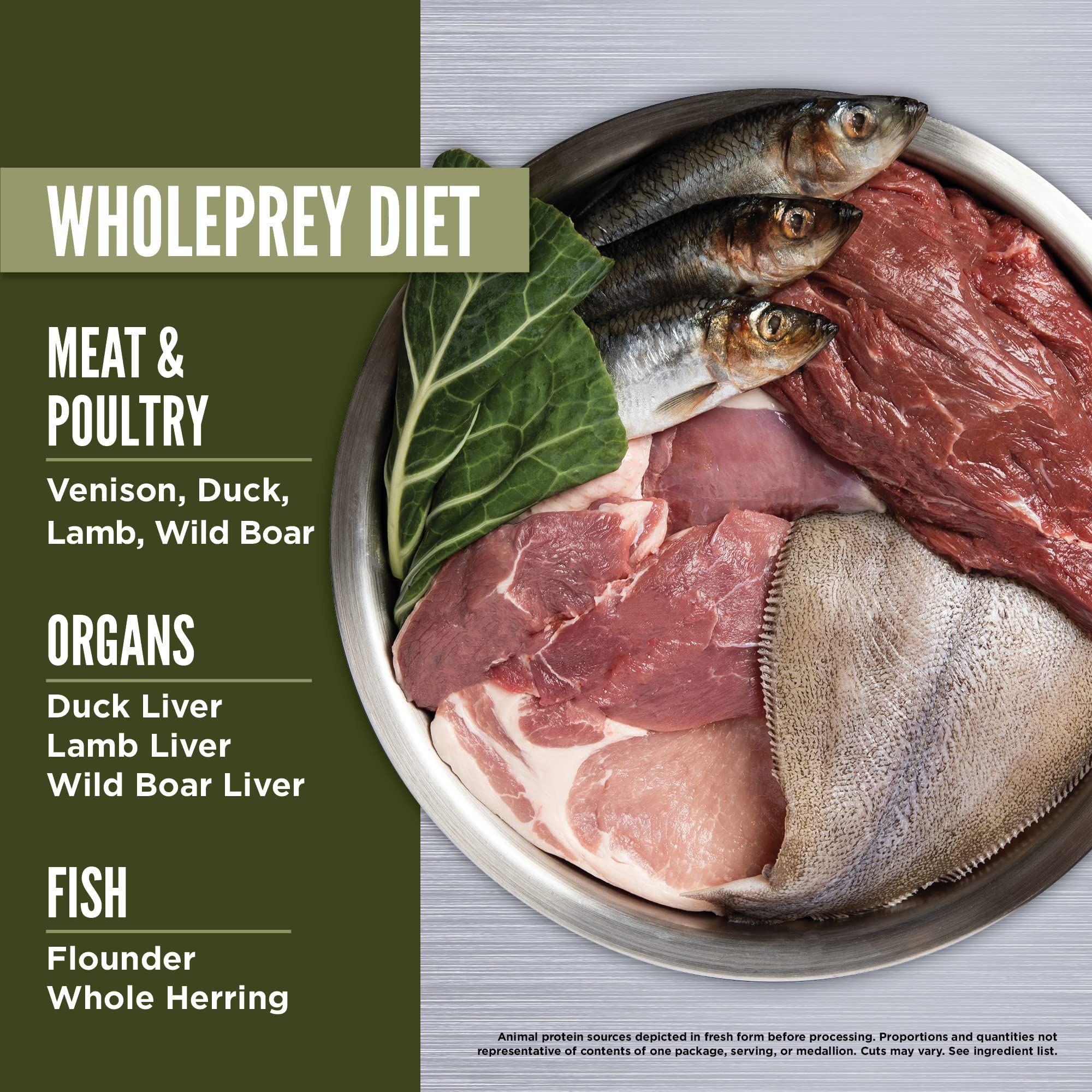 ORIJEN TUNDRA ingredientes WholePrey, con órganos y huesos para nutrición completa.