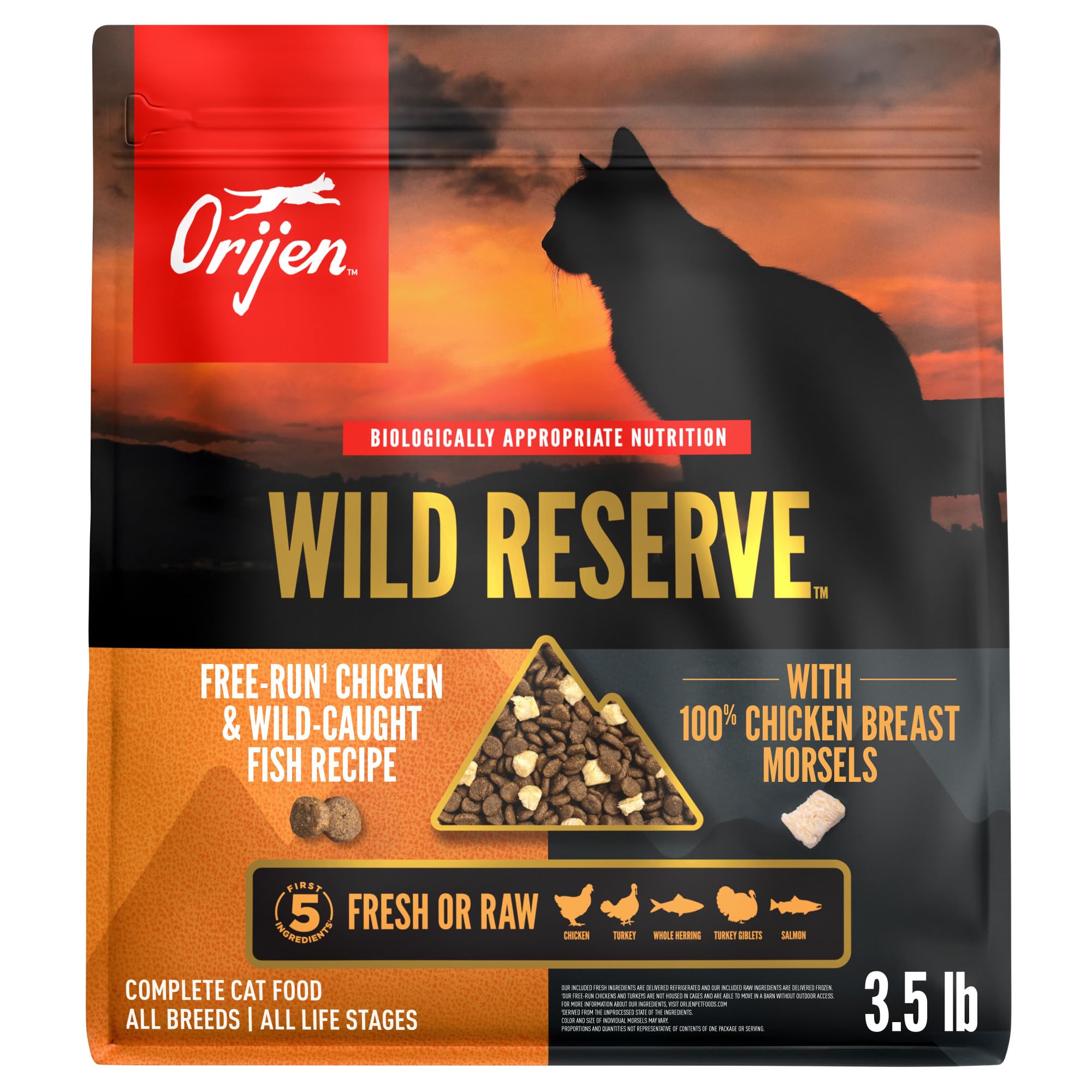 ORIJEN Wild Reserve: pechuga de pollo cruda visible, alta proteína para gatos.