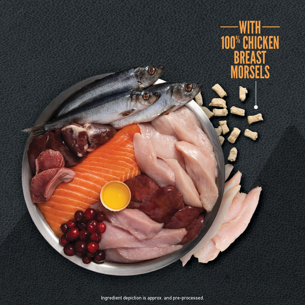 ORIJEN Wild Reserve: primeros cinco ingredientes frescos muestran pollo, pavo, arenque, gibletas y salmón.