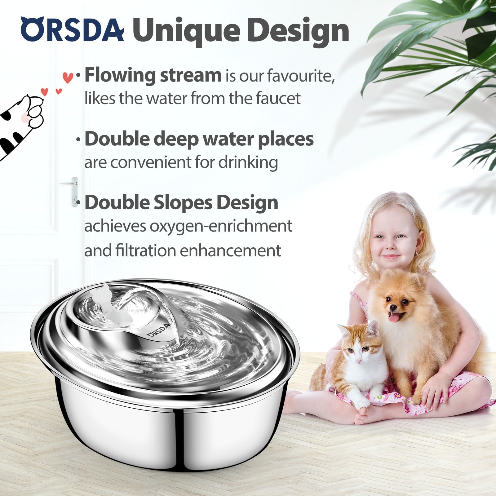 Bebedero ORSDA con flujo ajustable para gatos y perros.