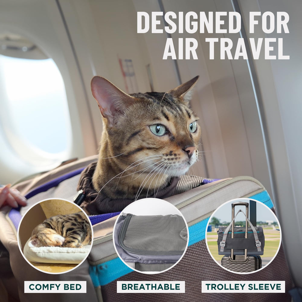 OutdoorBengal Zeppelin transportín gato crema, bolsillos prácticos para teléfono y documentos.