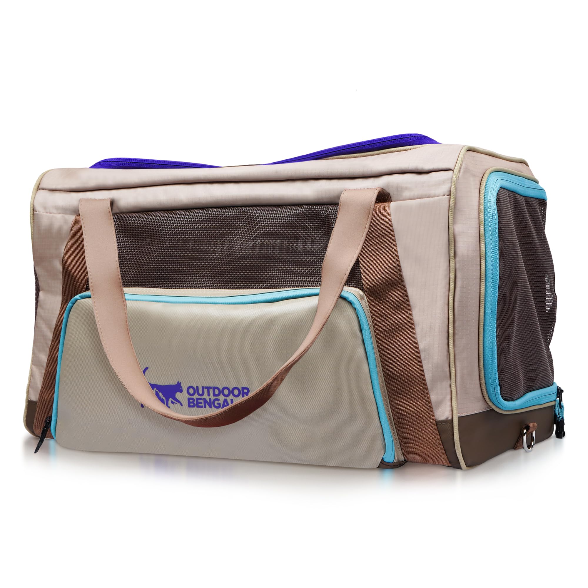 OutdoorBengal Zeppelin transportín gato crema, vista frontal, ideal para viajes bajo el asiento.