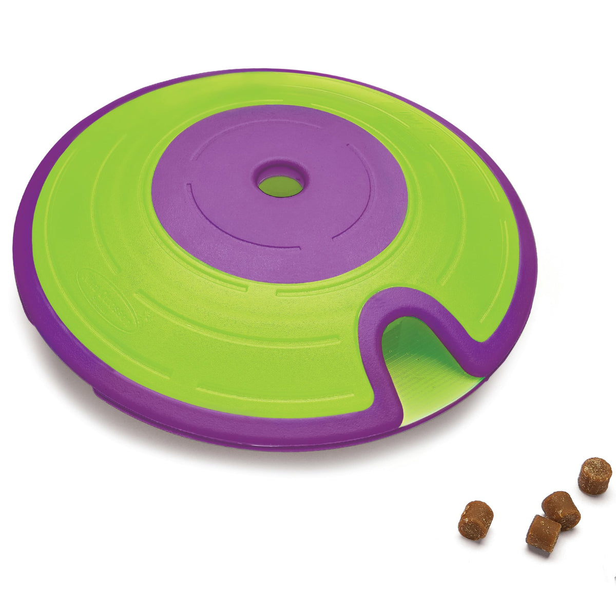 Outward Hound Dog Treat Maze frente del producto, diseño verde para juego interactivo.