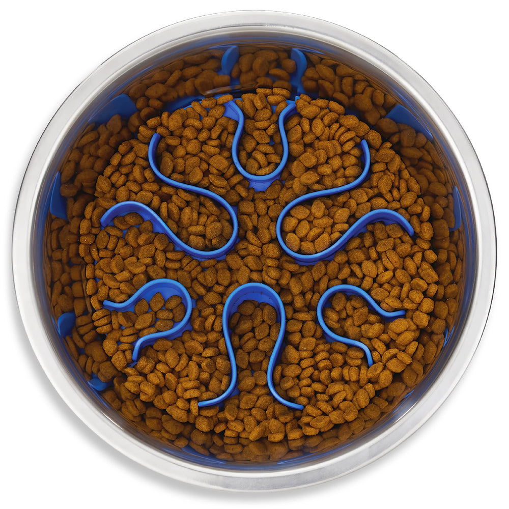 Outward Hound Fun Feeder en acero inoxidable, capacidad de 2 tazas para moderar la ingesta.