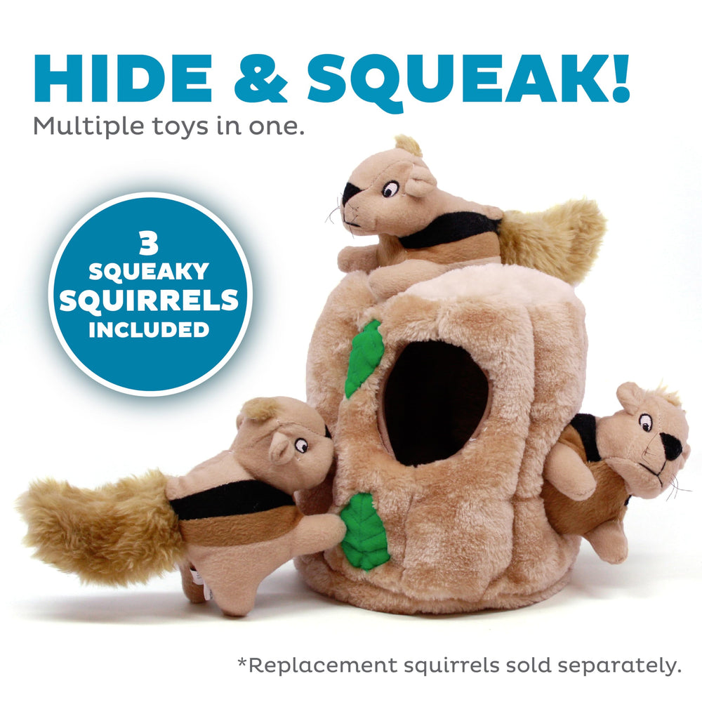 Outward Hound Hide-A-Squirrel peluche suave y cómodo para abrazar durante el juego.