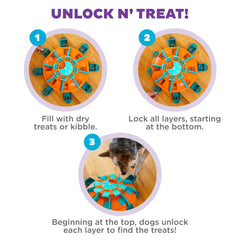 Torre de Premios Outward Hound: rueda y compartimentos para mantener al perro activo.