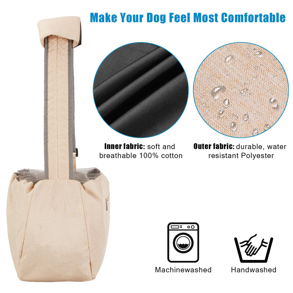 Ownpets sling beige; correa ajustable de 24 a 45 pulgadas para ajuste personalizado.