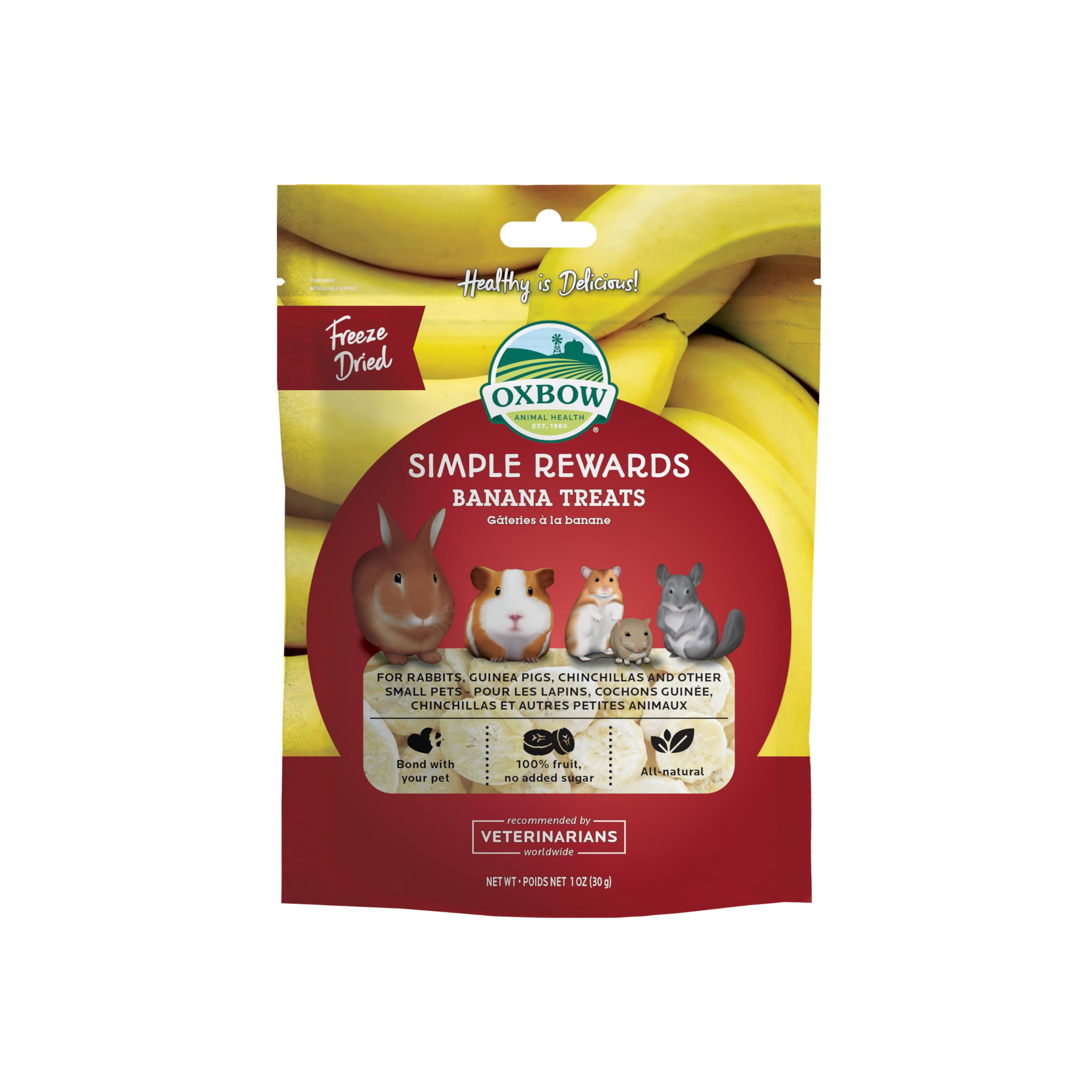 Oxbow banana seca, premio natural para mascotas, ideal para vinculación y enriquecimiento