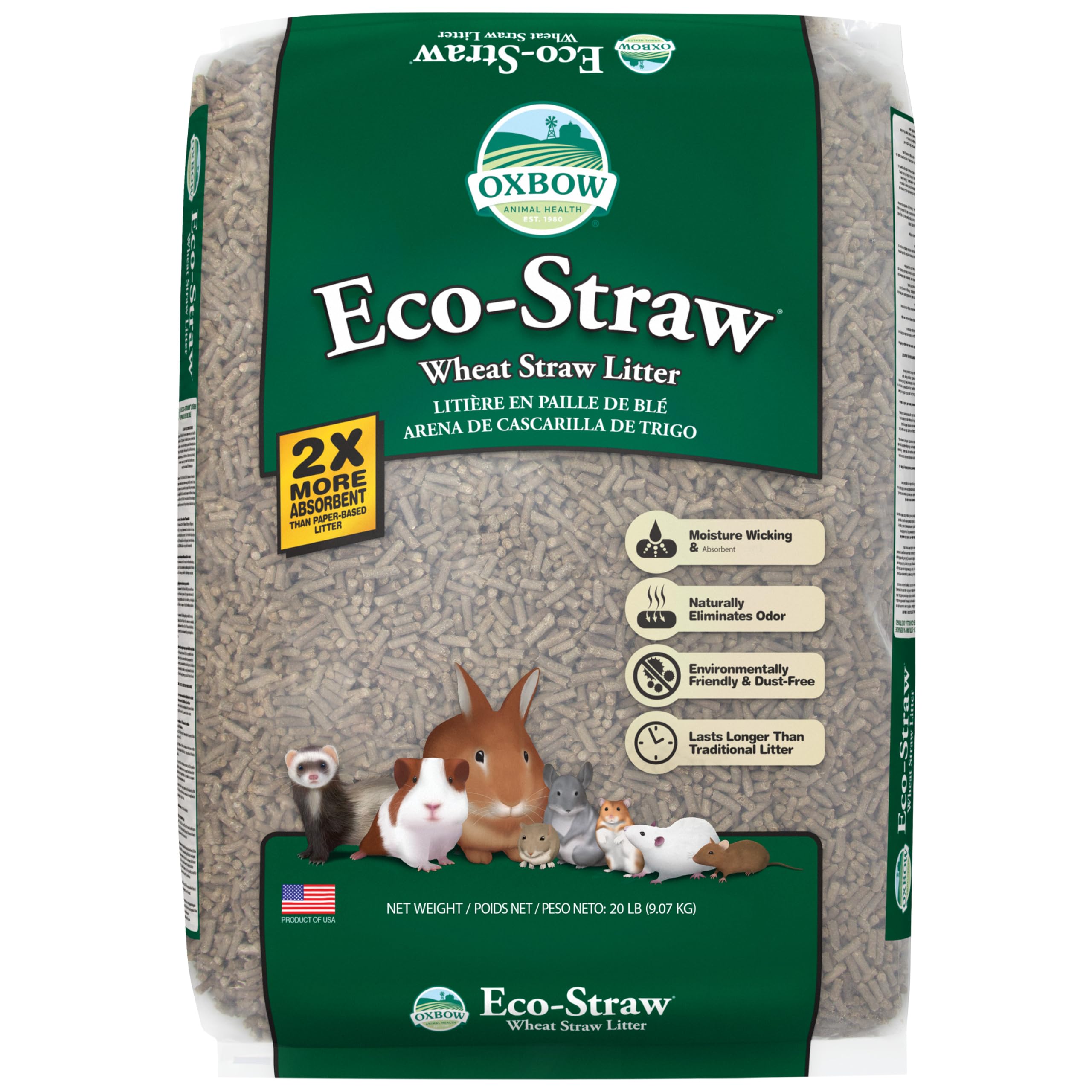 Oxbow Eco Straw Litter en bolsa de 20 lb para jaula de roedores.