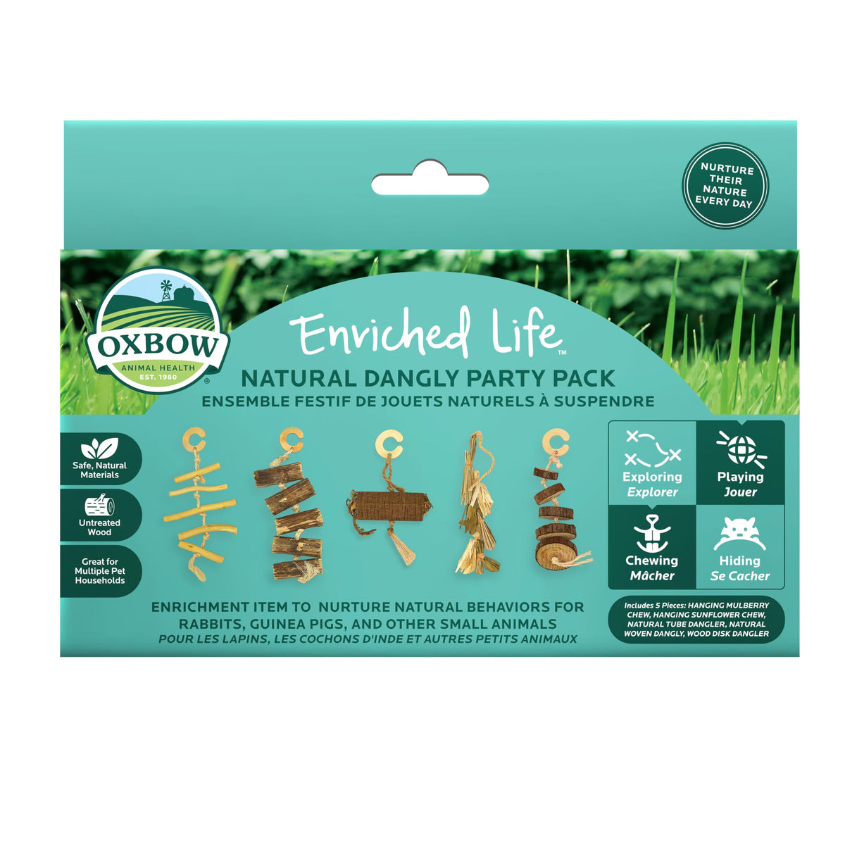 Oxbow Enriched Life pack colgante natural, fomenta masticación segura y exploración diaria.