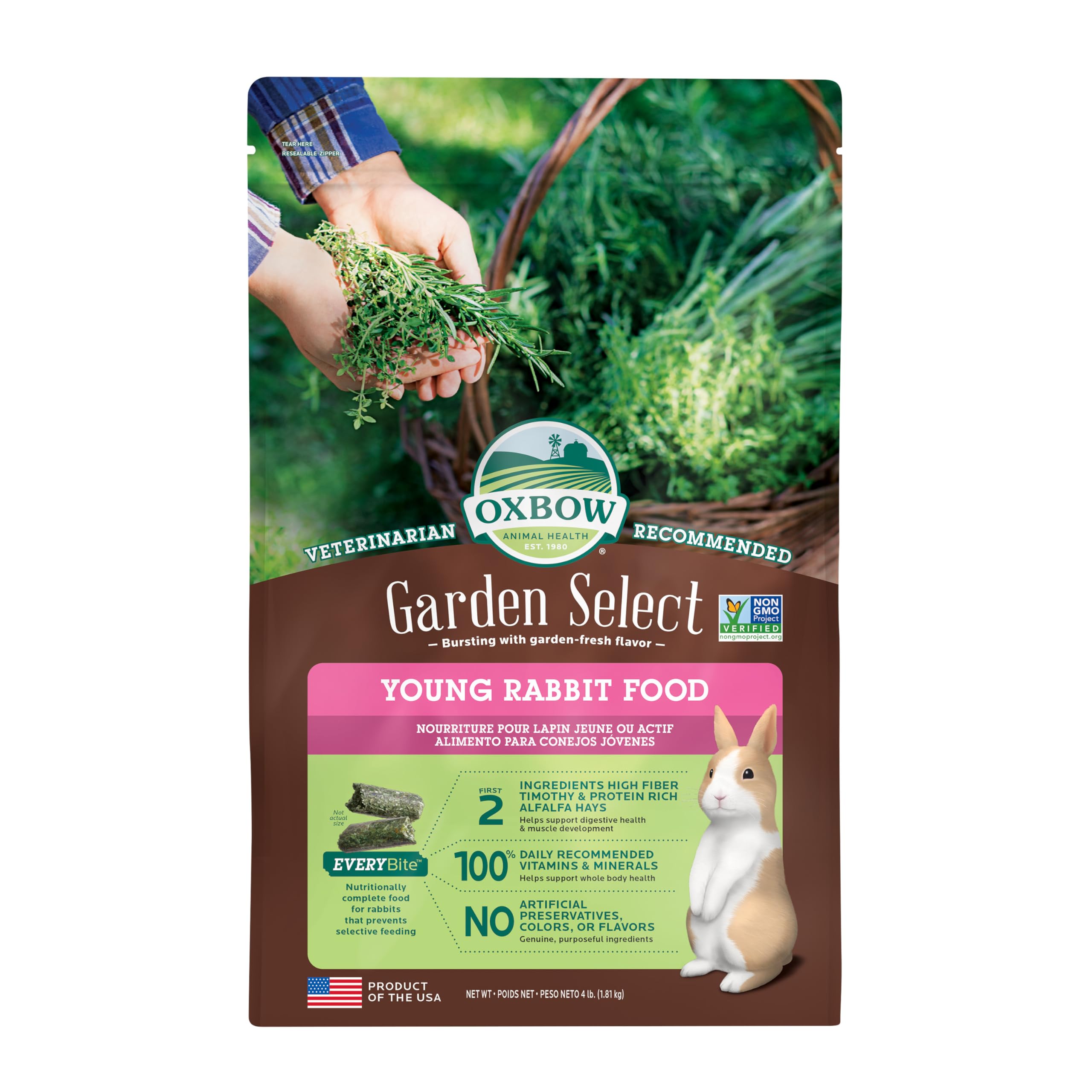 Oxbow Garden Select para conejos jóvenes, pienso de alfalfa con alta fibra para crecimiento saludable.