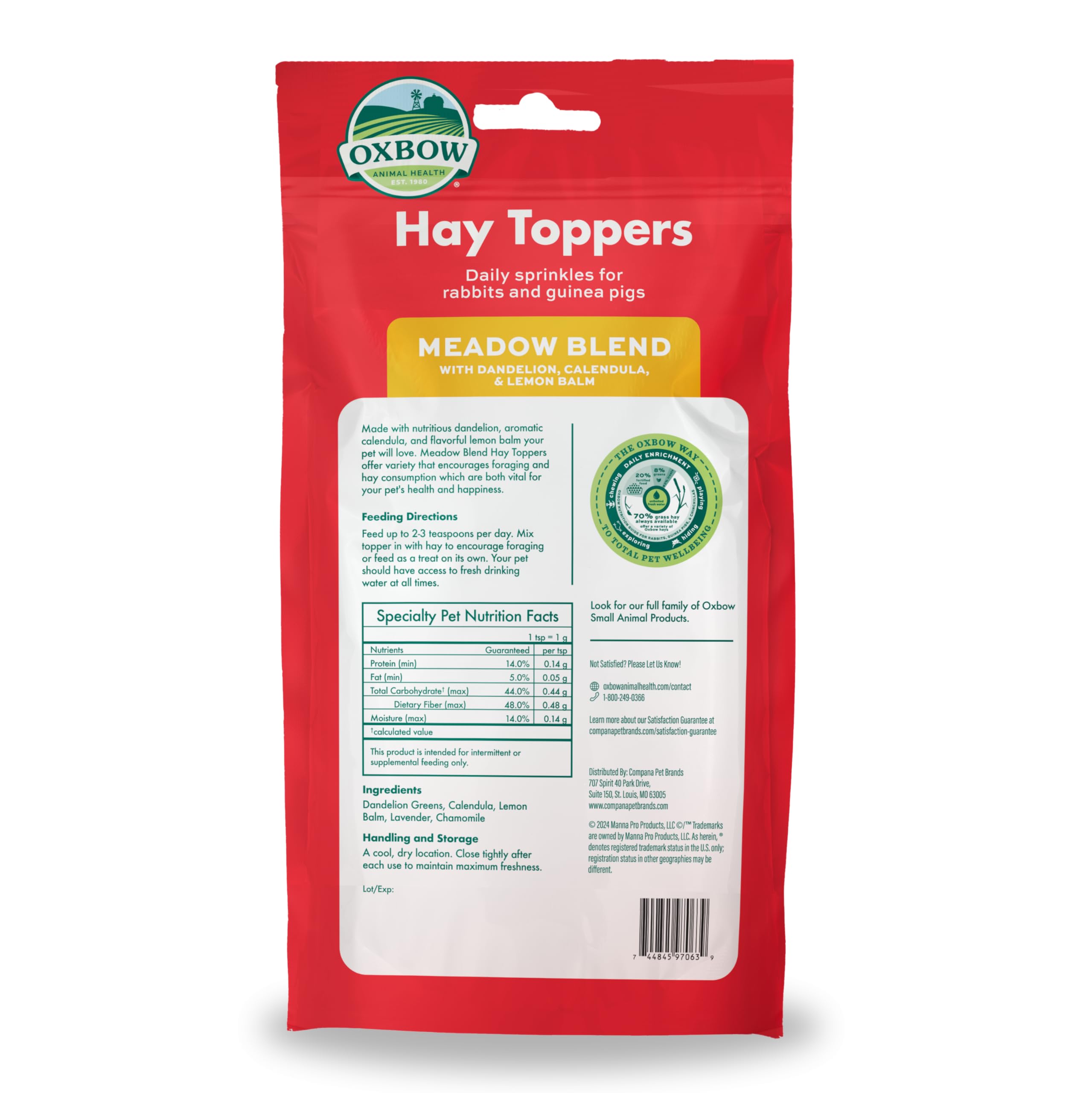 Oxbow Hay Toppers Meadow Blend envase de 2 oz para uso diario y dosificación fácil