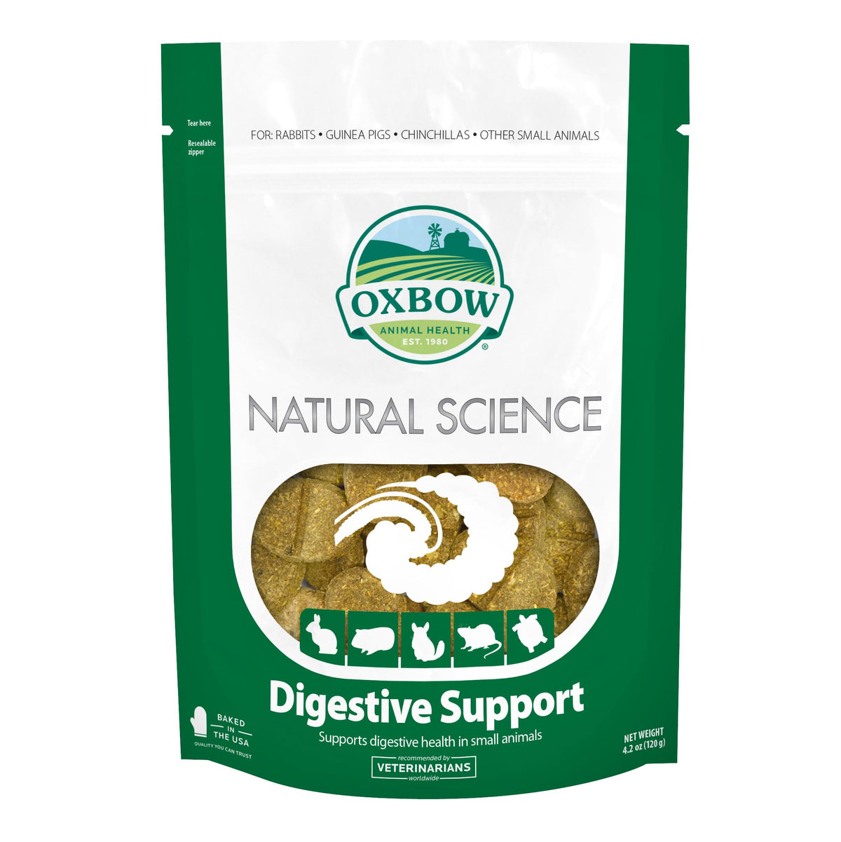 Oxbow Natural Science, tabletas de heno, apoyo digestivo para conejos y cobayas.