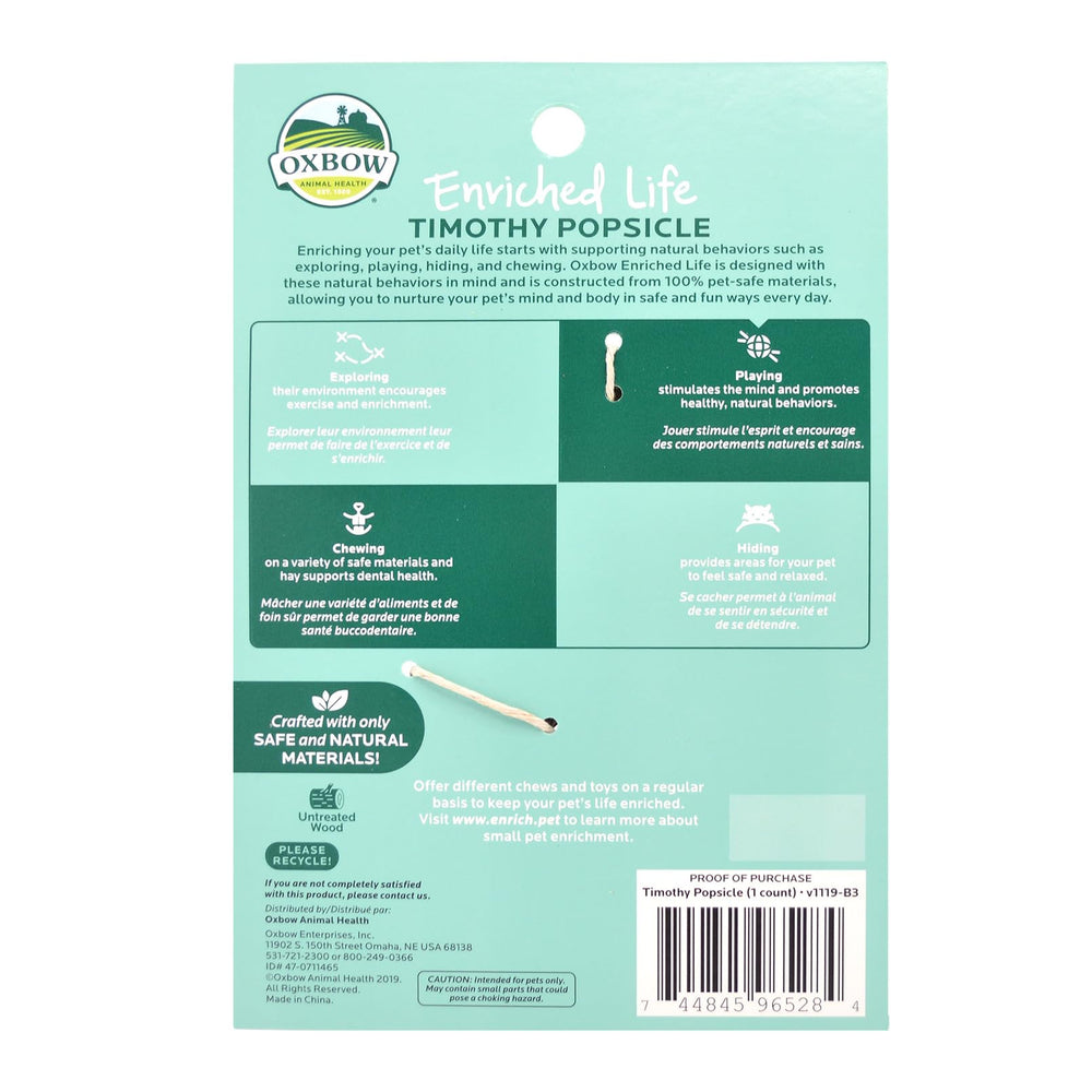 Oxbow Timothy Popsicle para cobayas, fomenta juego y exploración seguros.