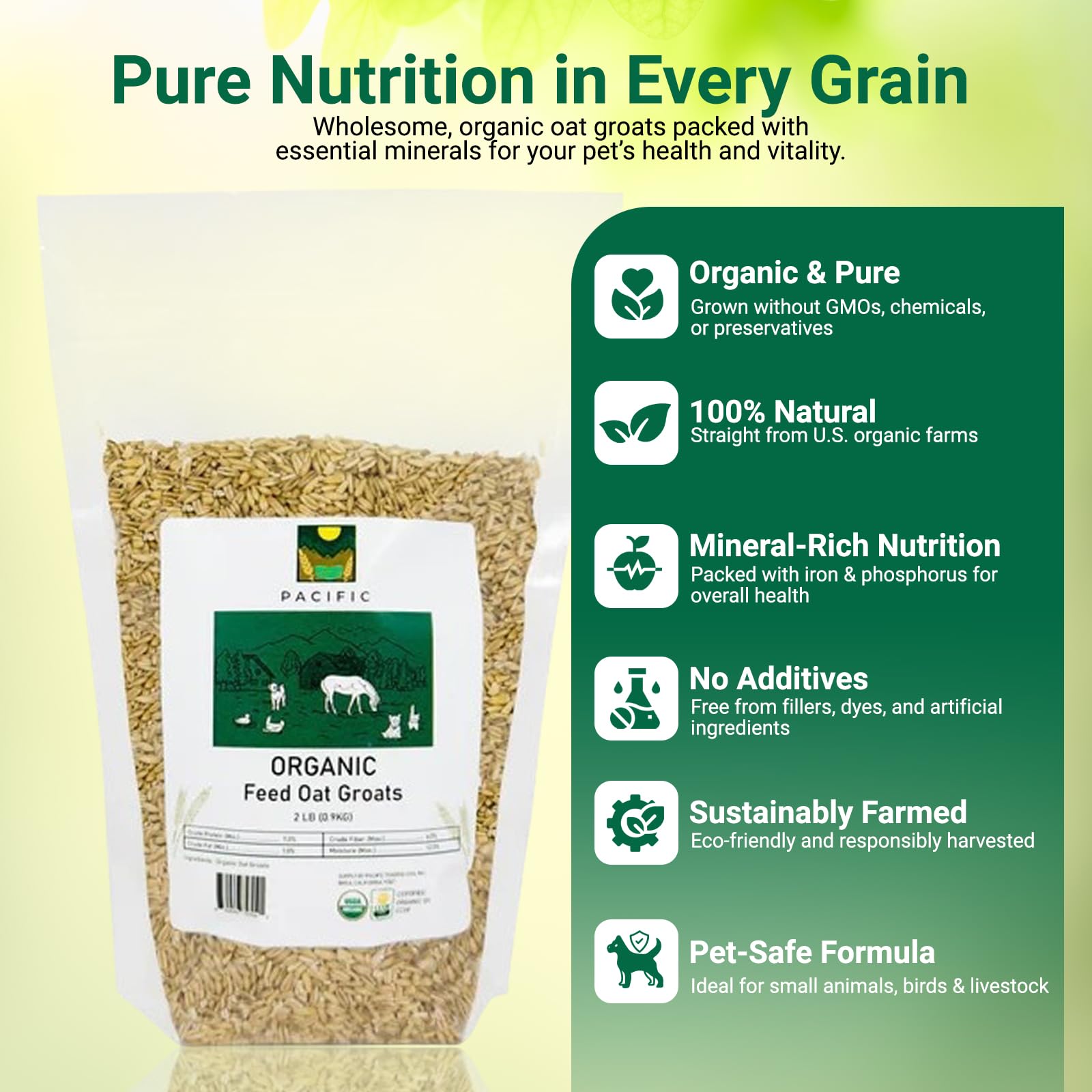 PACIFIC avena en grano orgánica con etiqueta certificaciones de sostenibilidad